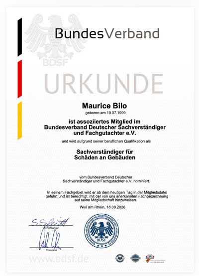 BDSF - Sachverständiger für Schäden an Gebäuden - Maurice Bilo, M.Eng.