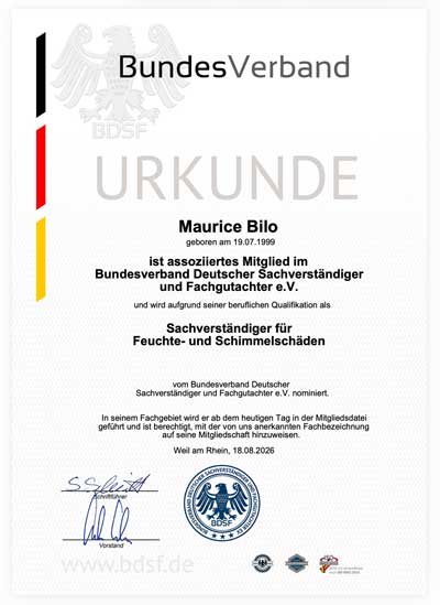 BDSF - Sachverständiger für Feuchte- und Schimmelschäden - Maurice Bilo, M.Eng.