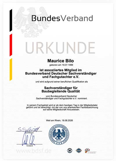 BDSF - Sachverständiger für Baubegleitende Qualität - Maurice Bilo, M.Eng.