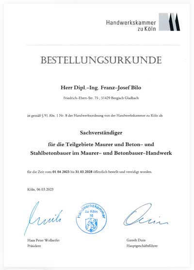Öffentliche Bestellung - Dipl.-Ing. Franz Josef Bilo