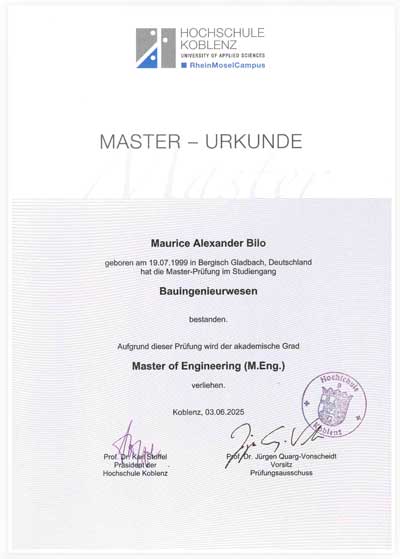 Masterurkunde - Maurice Bilo, M.Eng.